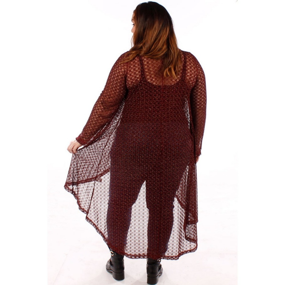 1x-3x Plus Size Burgundy Lace Lurex Cardigan 123X - Picture 5 of 6
